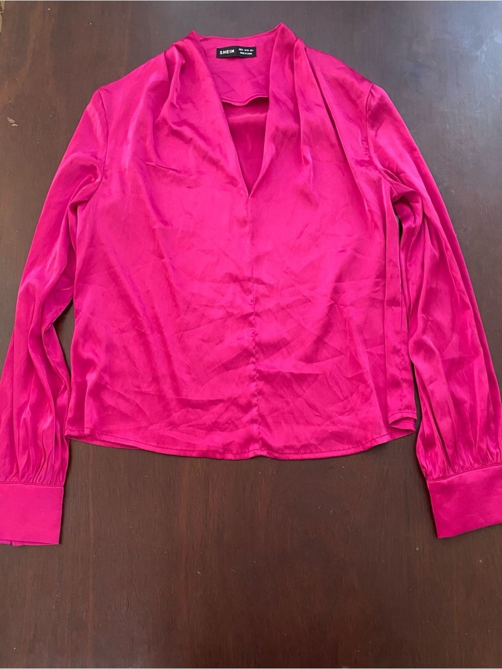 SHEIN Hot Pink Satin V-Neck Long Sleeve Blouse Small